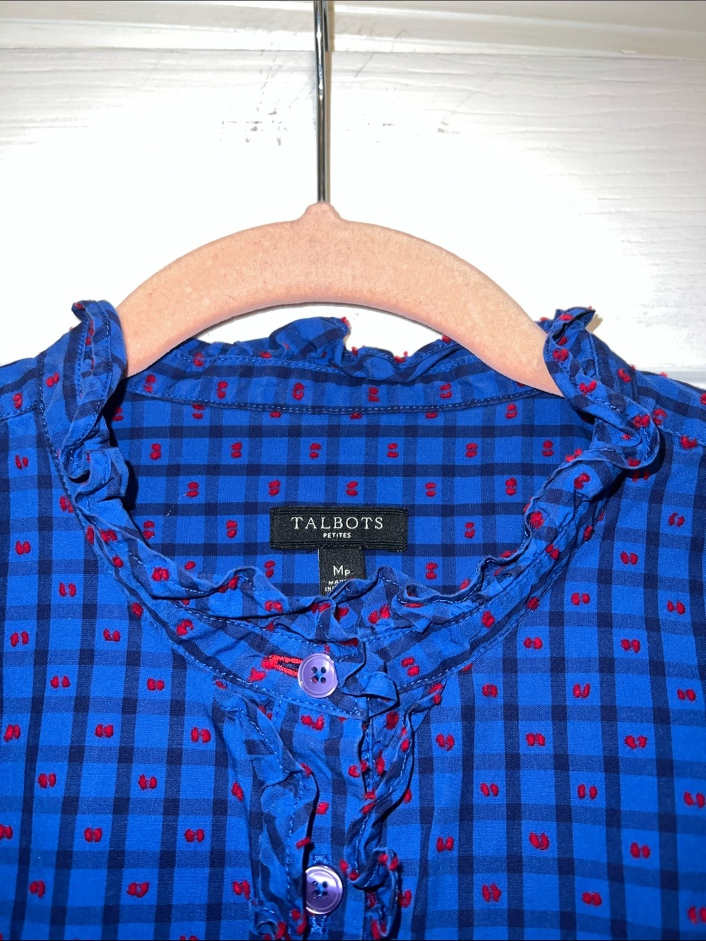 Talbots Navy and Red Checked Ruffle Henley - Picture 4 of 10